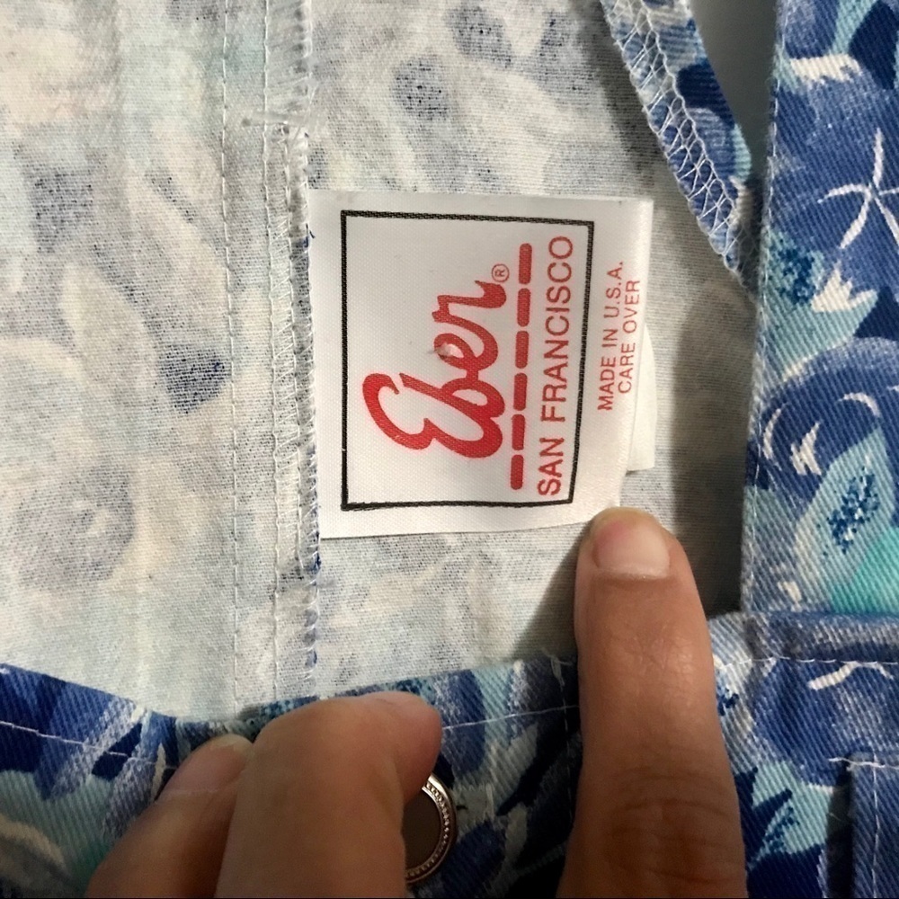 Eber San Francisco Retro Blue Floral Denim Short Overalls Button Fly Large 90s - Picture 7 of 7